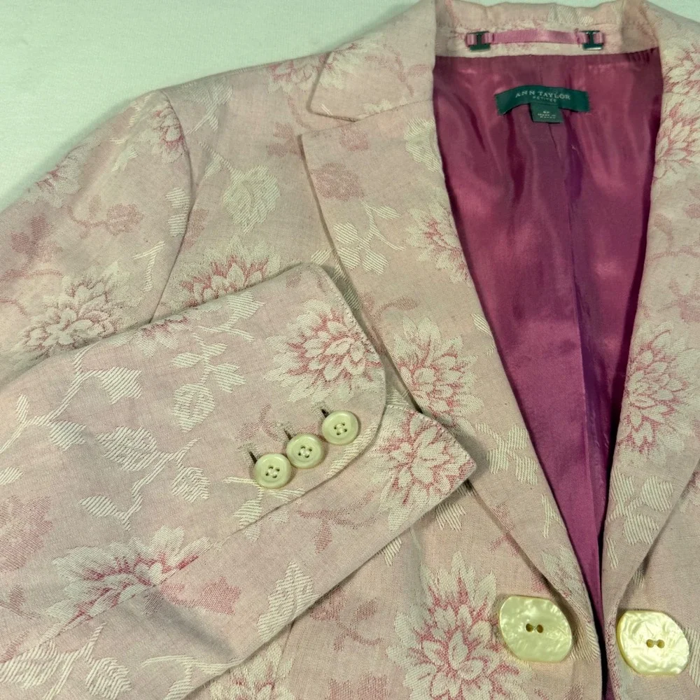 Ann Taylor Petites‎ 8P Pink Floral Jacquard Brocade Linen blend Blazer Easter